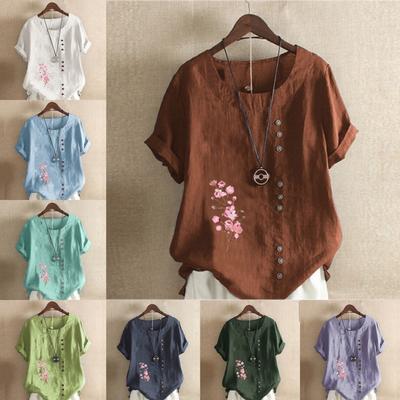 Женская мода Розовые цветы Принтованный круглый вырез короткий рукав футболка Повседневная хлопковая льняная рубашка с рисунком для отдыха Свободная летняя блузка Топы размера плюс