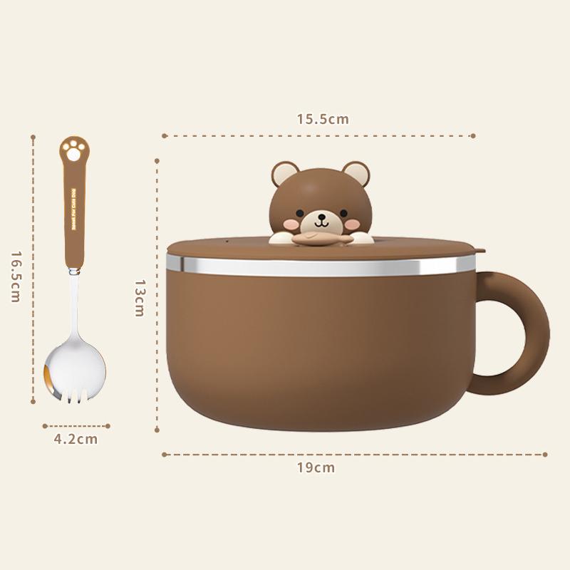 1.2L Animal Ramen Bowl With Lid And Spoon Stainless Steel Instant Noodle Fruit Salad Rice Soup Bowl Lunch Box Kitchen Accessorie