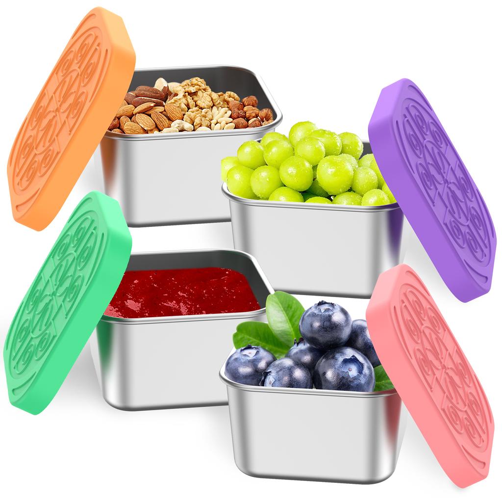 4Pcs Stainless Steel Snack Salad Box with Silicone Lid 2/6oz Leakproof Portable Stackable Sauce Container Dressing Food Storage