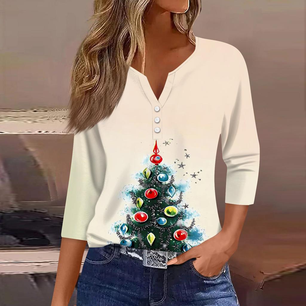 Женская мода повседневная рубашка с рукавом три четверти и рождественским принтом