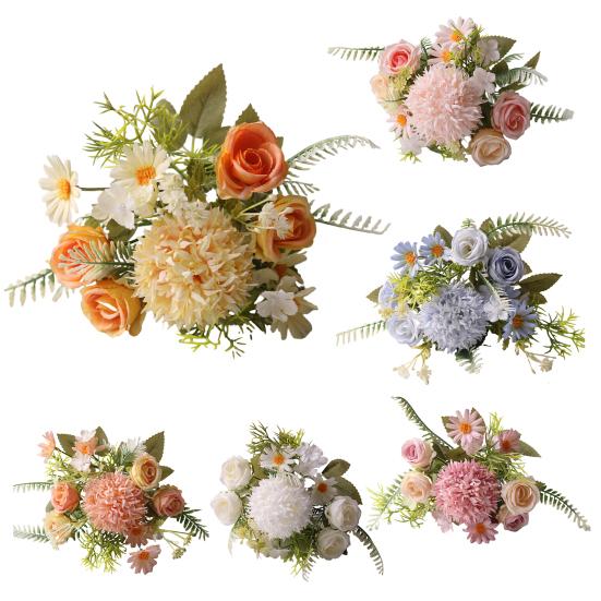 Artificial Flowers High Simulation Silk Petals Real Touch Adjustable Iron Wire Stems Mixed Roses Hydrangeas Daisies Maintenance-Free Home Decor Gifts