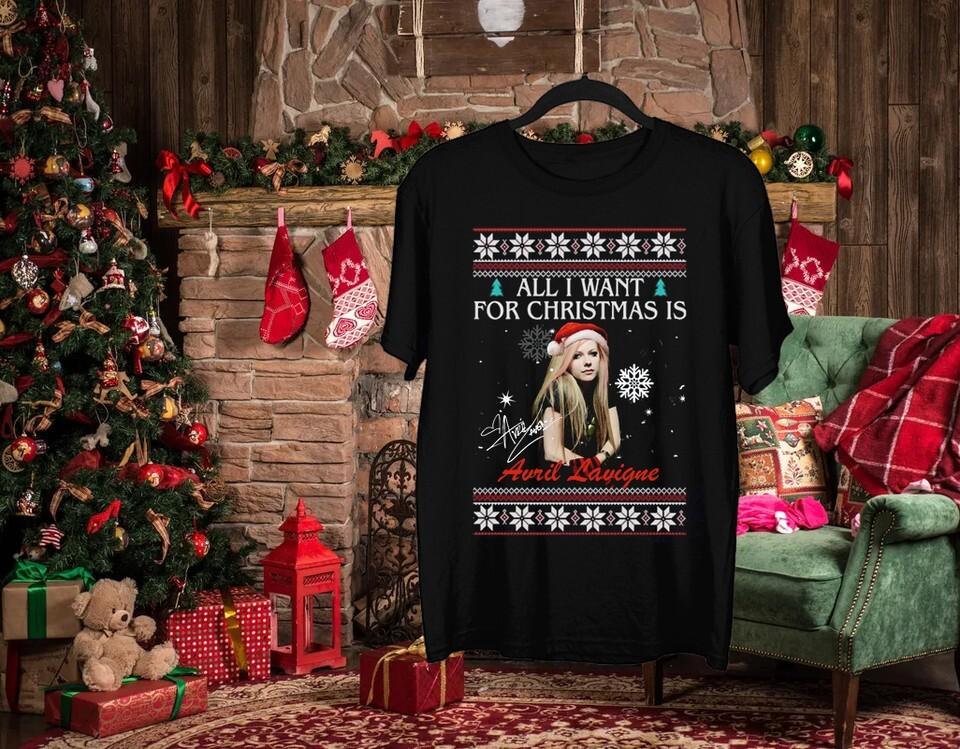 Avril Lavigne Merry Christmas Full Size Men Women Cotton Black Shirt KN181 Unisex T-Shirt