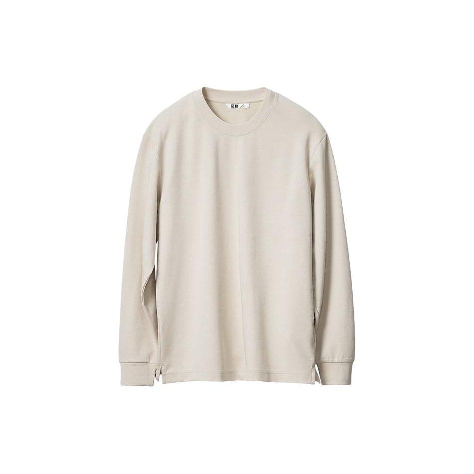 Uniqlo SS24 Серия U Однотонная Базовая Смесовая Футболка с Круглым Вырезом с Длинным Рукавом Мужские Топы Светло-Бежевый 465193-30