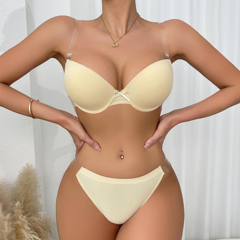 Women Beige Invisible Bra and Thong Set Clear Shoulder & Back Straps Lingerie Set Padded and Underwire Push Up Brassiere for Party Dress
