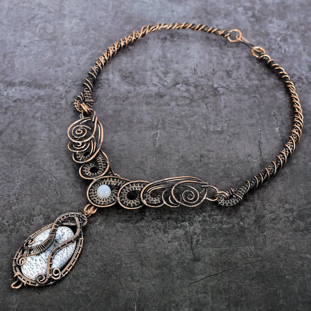 Ожерелье из натурального дендрита и опала, лунного камня, медная проволока, 18 дюймов, s3a77