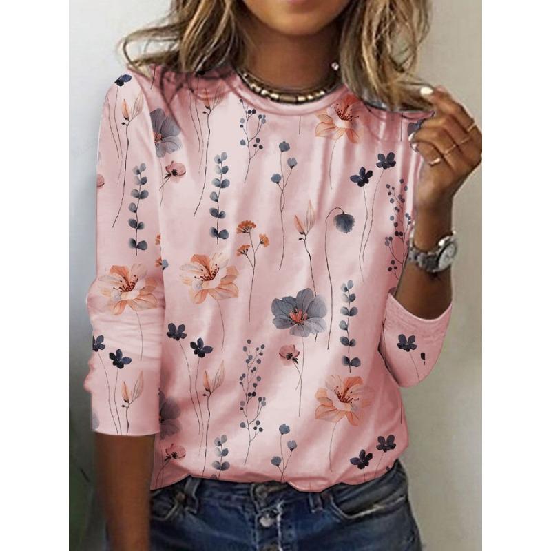 Floral 3d Print Crew Neck T-Shirt Casual O-Neck Long Sleeve Top Women's Clothing New Fashion Casual Oversized Tops Tees Female