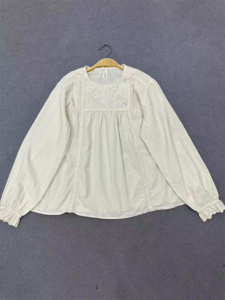 Johnature Лесные кружевные однотонные рубашки осенние вышитые тонкие женские повседневные простые свободные базовые топы