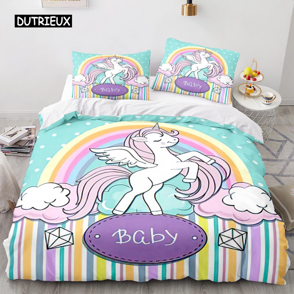 Unicorn Duvet Cover King Queen Cute White Cartoon Animal Bedding Set Children Boys Girl Western Fairy Tale Polyester Quilt Cover