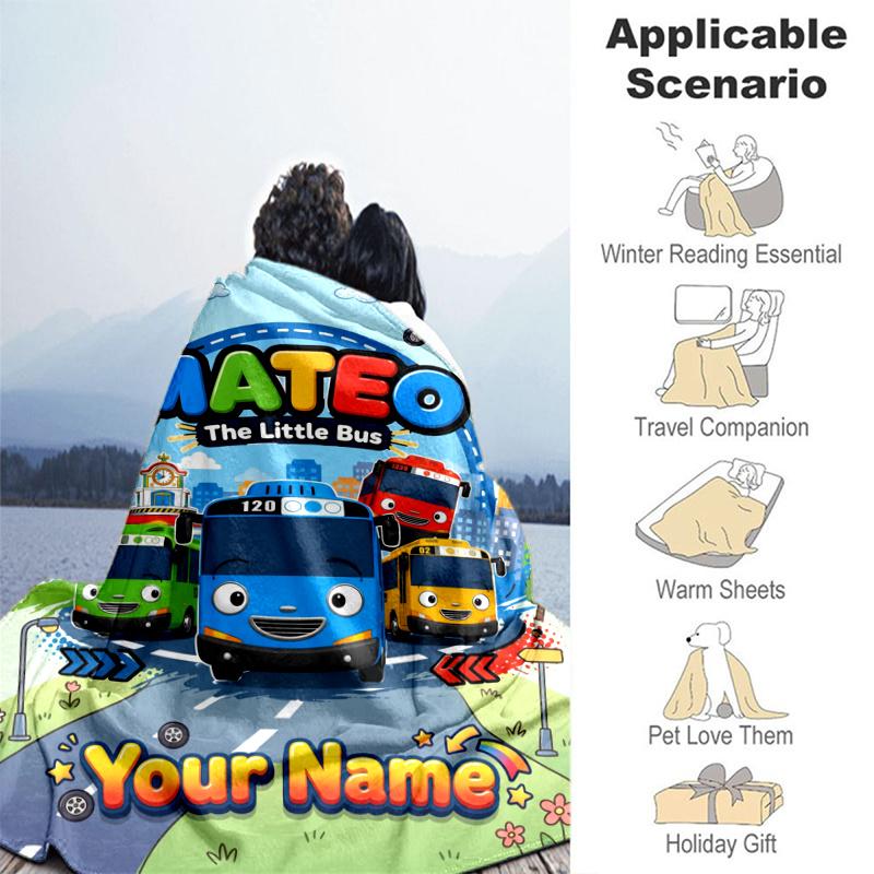 Custom Name Mateo Little Bus Blanket Flannel Blanket for Camping, Hiking, Garden Parties, Picnic Essentials,gift for family and friend