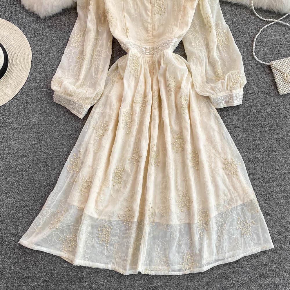 Lente Zachte Wind Temperament Fee Super Xiansen Afdeling Taille Sluiten Dunne Lange Mouwen V-hals Sequin Een-Woord Jurk