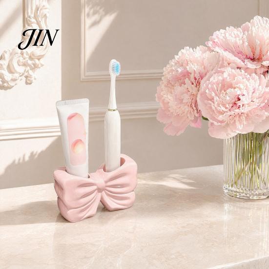 Double Hole Bathroom Holder 3D Printed Bow Toothbrush Holder, Adhesive Cup with Dual Holes for Toothpaste Storage Rack & Toothpaste, Cute Organizer