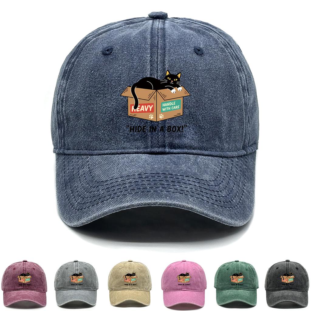 Cartoon Black Cat HIDE IN A BOX Printed Baseball Cap Adjustable Lightweight Baseball Hat All Season Slouchy Flat Cap For Gift