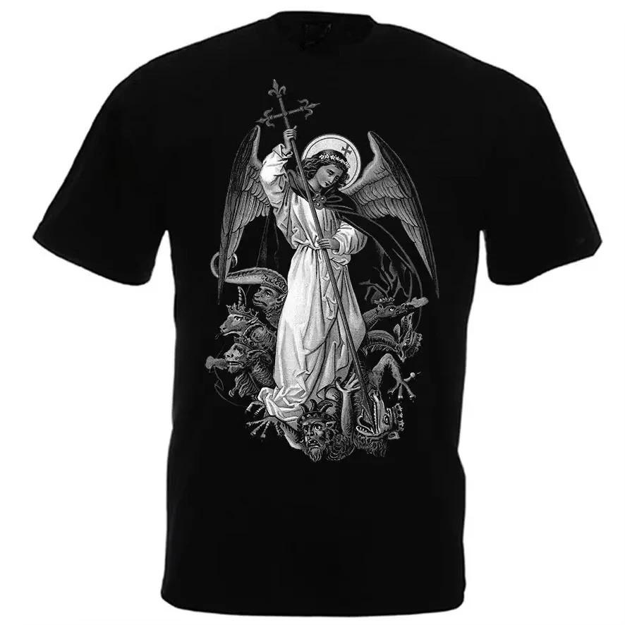 Summer Saint Michael The Archangel Destroy Devil Catolic Unisexs TShirt Loose Black High Quality Cotton Round Neck Short Sleeve