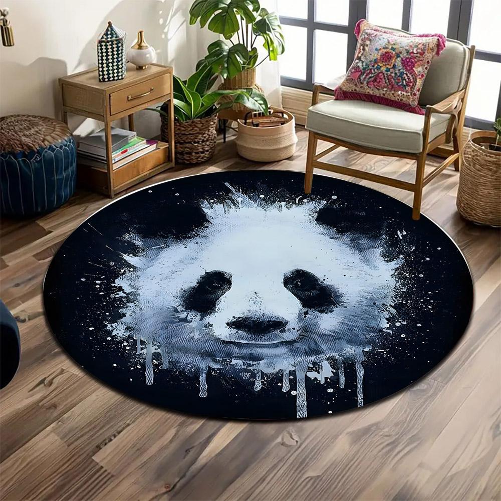 Abstract Panda Art on Black Background Print round rug, living room, bedroom, playroom carpet, non slip floor mat, gift