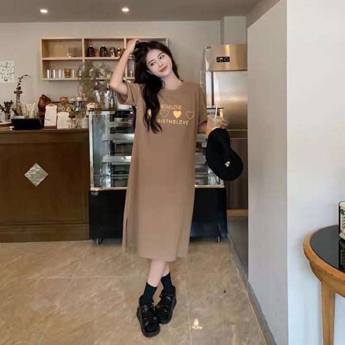 Fat mm summer new Korean version loose large size split knee T-shirt long skirt flying sleeve dress women's spring