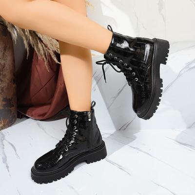 2025 осень и зима новые мартинсы с круглым носком британские лакированные короткие ботинки одинарные ботинки женские на толстой подошве на толстом каблуке женская обувь b