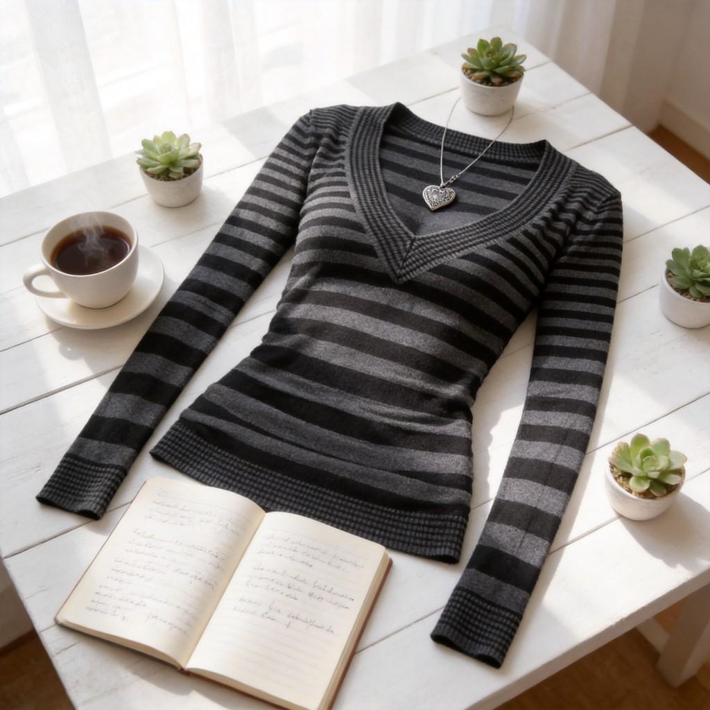 Striped Womens V Neck Knit Sweater With Long Sleeves For Street Style