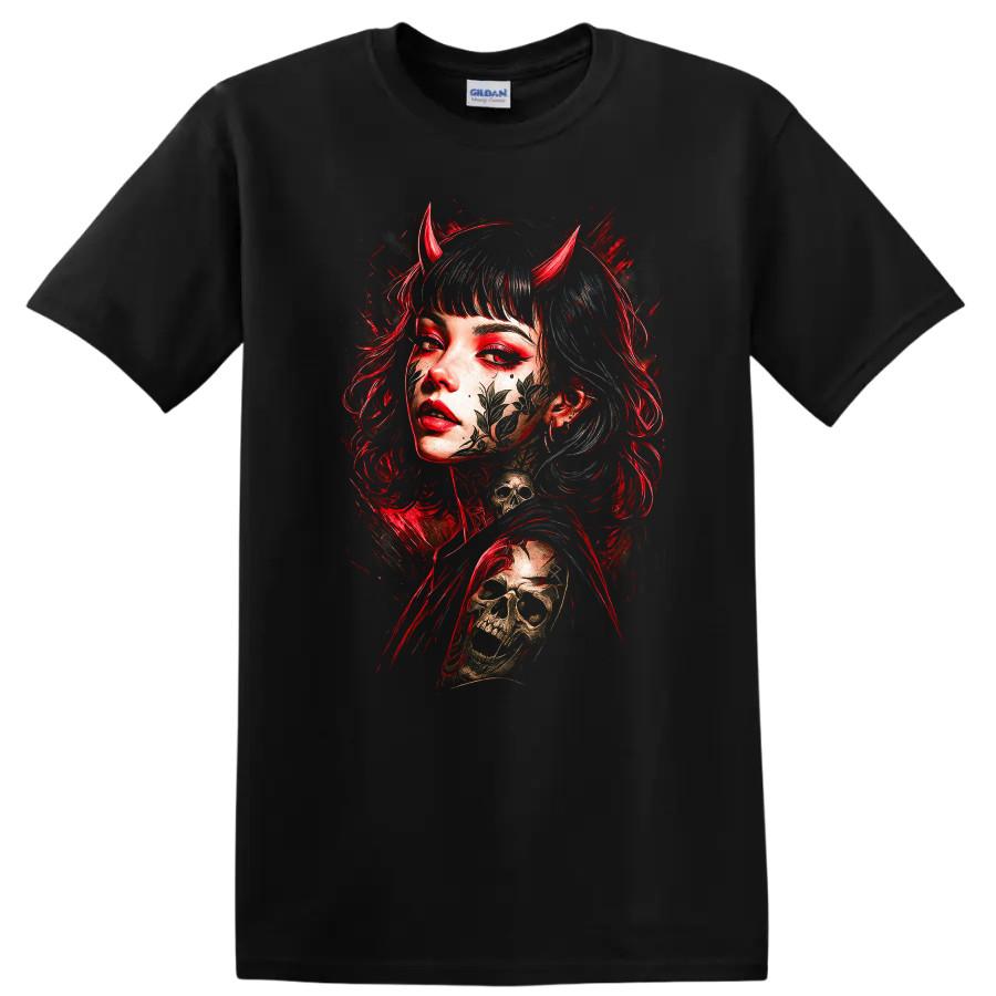Japanese Style Demon Girl T Shirt w/ Skull Floral Art Graphic Tee