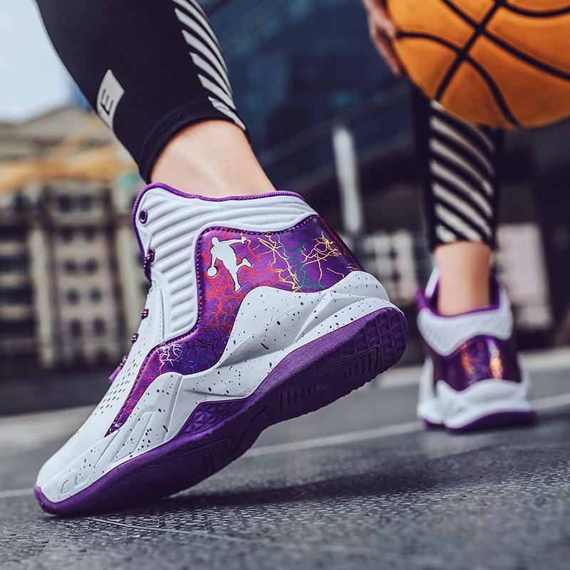 Модные фиолетовые мужские баскетбольные кроссовки для улицы, дышащие баскетбольные кроссовки, женская спортивная обувь, тренировочные высокие мужские кроссовки