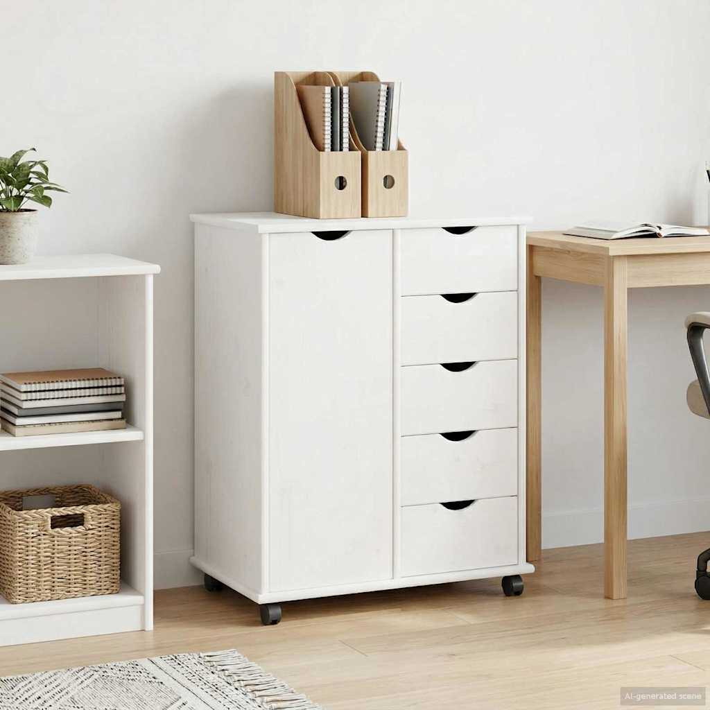 Rolling Cabinet with Wheels White 63.5 x 39 x 79 cm Solid Pine Wood
