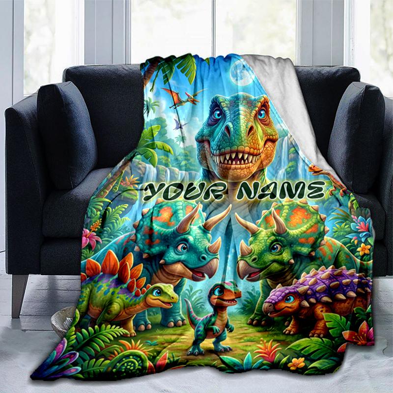 1PC Custom Name Dinosaur Adventure Jungle blanket versatile,all-season throw suitable for the living room,bedroom,camping,travel,and gift
