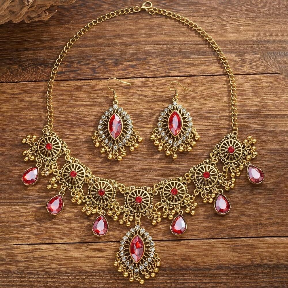 Metal Rhinestone Jewelry Set Bohemia Style Ethnic Style Necklace Set Necklace Earrings Set Girl