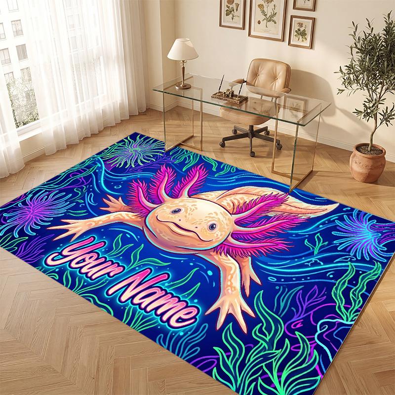 Axolotl Theme Soft Crystal Velvet Rug Custom Name & Text Print Non Slip Floor Rug for Bedroom Living Room
