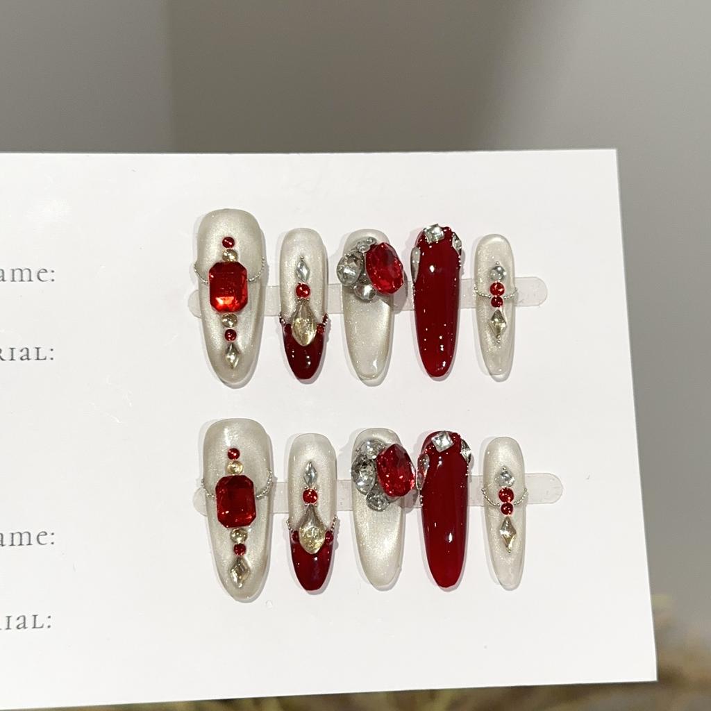 Women Press‑On Nails Pure‑Handmade Burgundy Cat‑Eye New Year Pile Rhinestone False Nail Patches