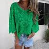 Women Tops Round Neck 3/4 Sleeves Lace Decorated Loose Fit Casual Shirt Solid Color Breathable Irregular Tops