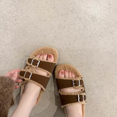 [] Девушка Лунного Заката~ Толстоподошвовые шлепанцы с двойной пряжкой и овечьей шерстью для женщин