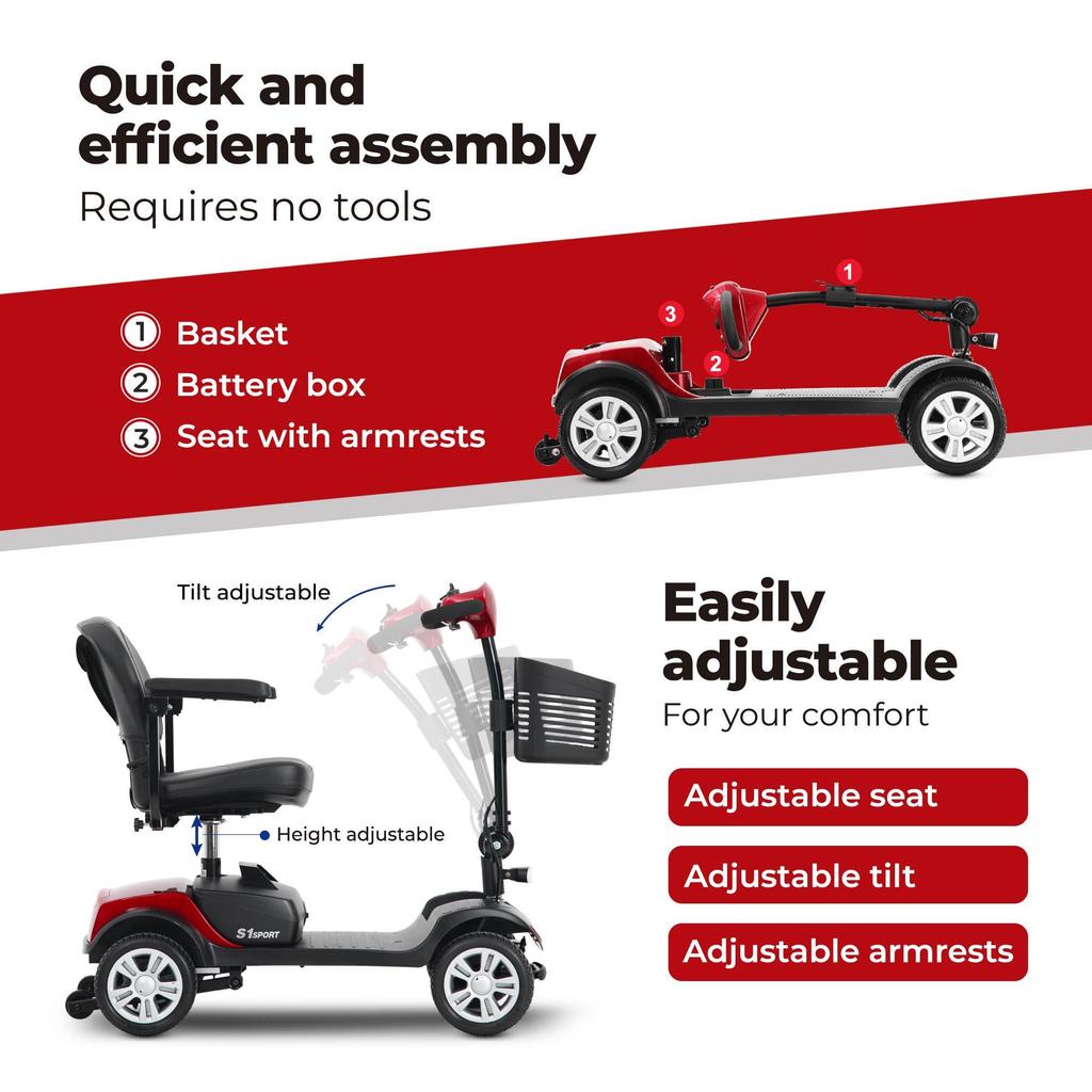 Elderly Electric Four Wheel Scooter S1 Sport Foldable Four Wheel Electric Scooter 300W 12AH Advanced Mobile Bicycle Red
