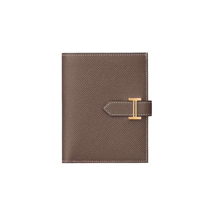 HERMES Bearn Gold tone Lock Epsom Calfskin Short Wallet Women's Elephant Gray H039790CC18