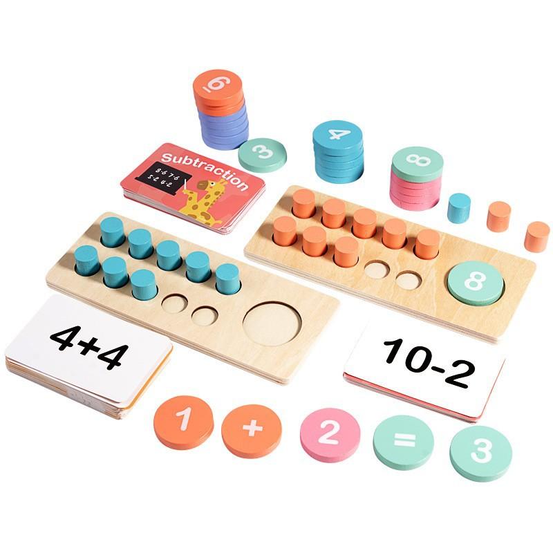 Wooden Preschool Math Ten-grid Counter Building Block Number Operation Addition and Subtraction Wooden Toy