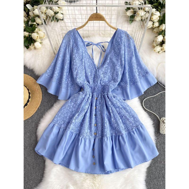 Vacation Style 2024 Summer New Arrival Niche Style Sexy Deep V-neck Lace Patchwork Waist-Slimming Sweet Flare Sleeve Dress
