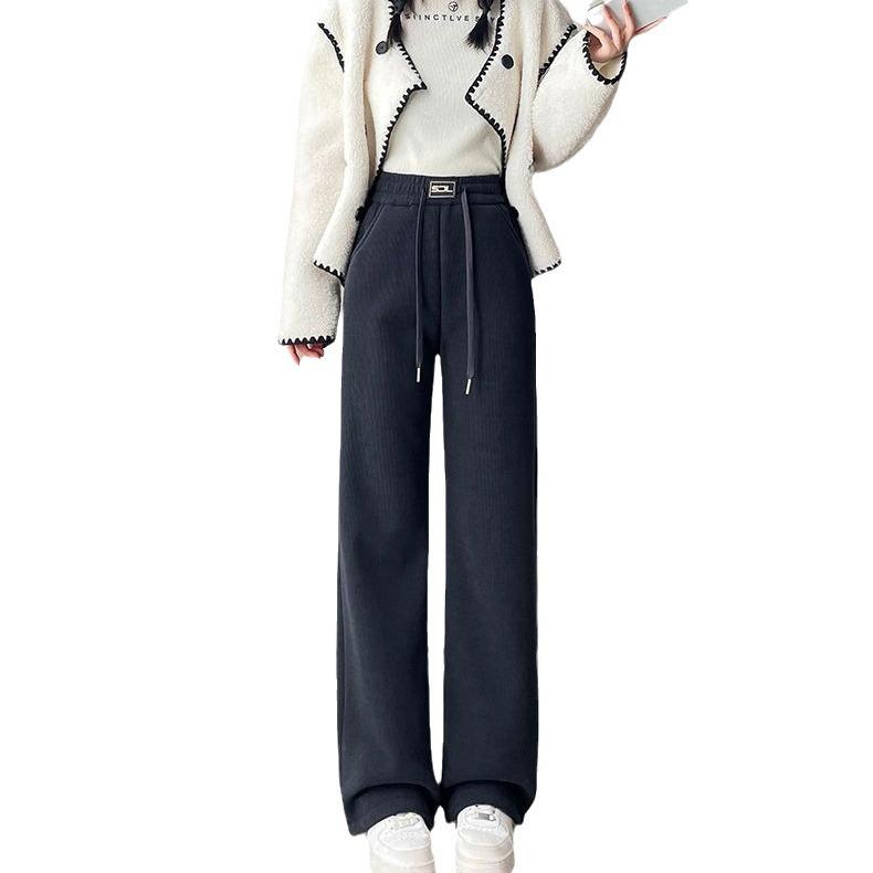 Зимние теплые утолщенные прямые брюки из овечьей шерсти, женские повседневные эластичные брюки с высокой талией и флисовой подкладкой, широкие брюки, шикарные мешковатые брюки
