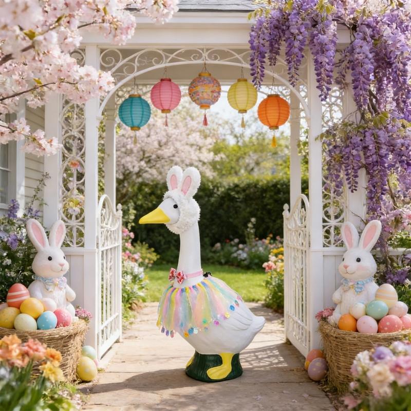 Easter Porch Geese Dress Costume with Dress Hat Bowtie Porch Geese Statue Outfit For Garden Yard Festival Decoration
