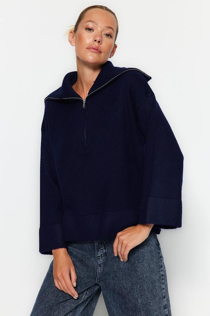 Women's Fashionable Stylish Sweater Stone Wide Fit Soft Textured Zippered Knitwear Sweater