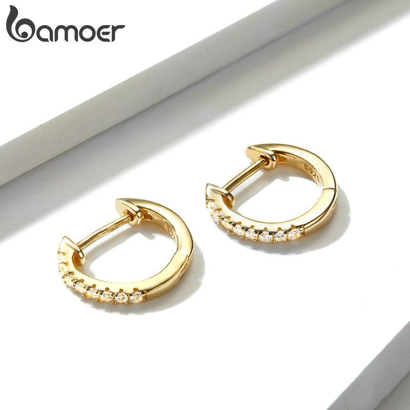 BAMOER Genuine 925 Sterling Silver Round Circle Hoop Earrings for Women Gold Color Earrings Sterling Silver Jewelry Gift SCE498