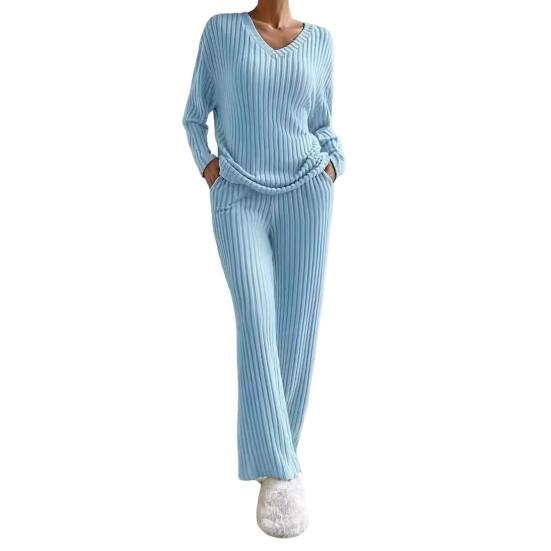 2 шт./комплект женский весенний комплект для поездок на работу топ и штаны комплект с V-образным вырезом длинный рукав топ с высокой талией спортивный костюм эластичная повседневная одежда одежда для сна