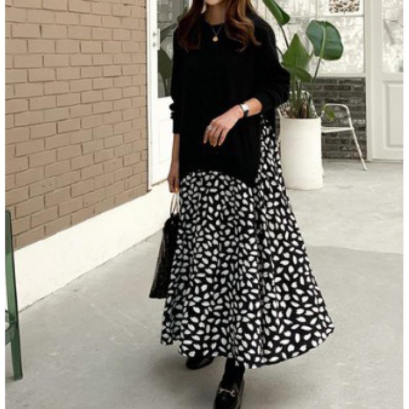 Платье макси с длинными рукавами и принтом в складку 2023 года с имитацией двух частей