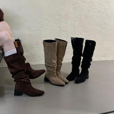 Винтажные ботинки Maillard Ботинки-трубы с узкой плиссировкой Женские летние ботинки с острым носком и толстым каблуком цвета хаки