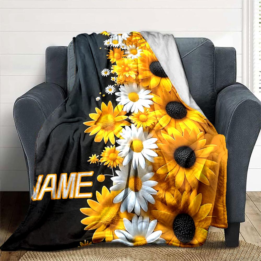 Sunflower And Daisy Floral Border With Placeholder Lightweight Customizable Blanket Personalized Name Soft Warm Cozy Throw For Sofa Couch Office Bed