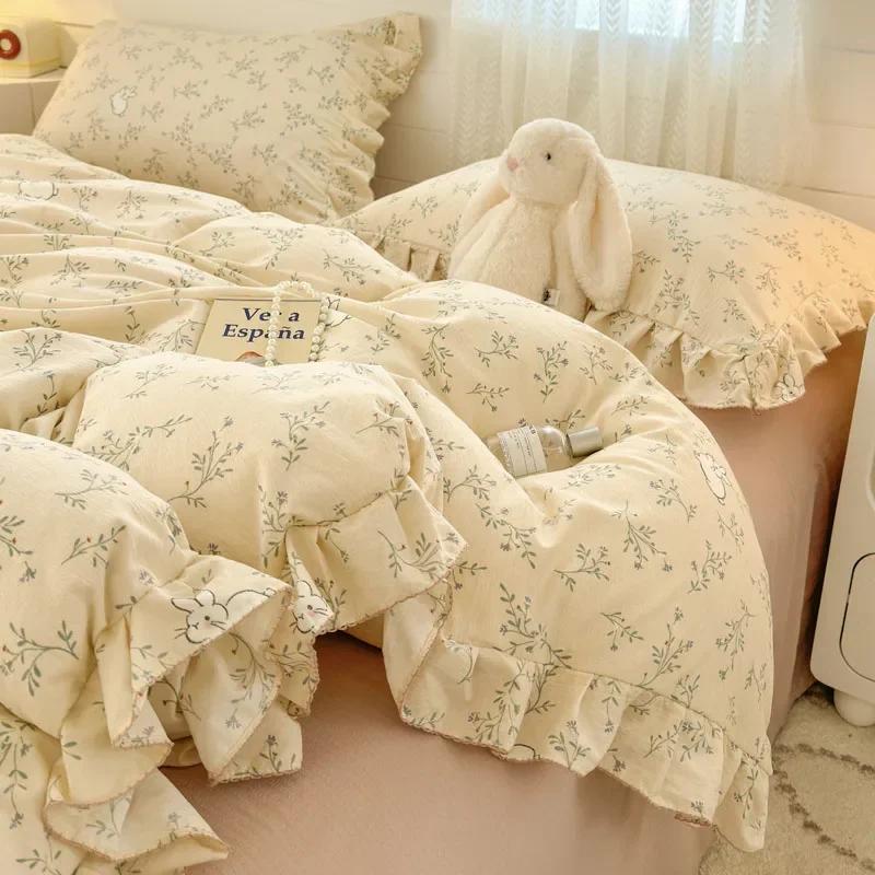 Princess Style Bedding Sets Ruffle Lace Bow Quilt Cover Romantic Bedclothes Decor Woman Girls Bedroom Duvet Cover 4pcs