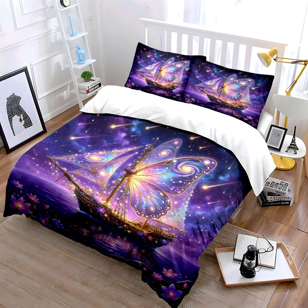 Dreamy butterfly-winged ship night scenery Print Soft Comfortable Duvet Cover Bedding Set Included 1*Duvet Cover  2*Pillowcases