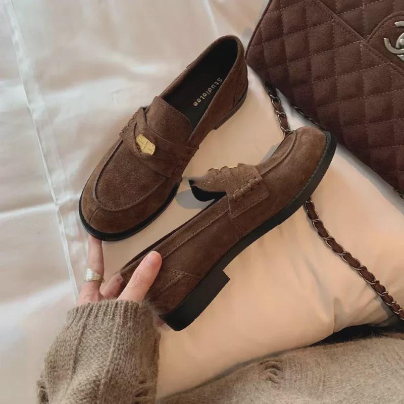 Grape Mom's Sunset Round-Head Gold Coin Retro Loafers - Women's Small Leather Shoes