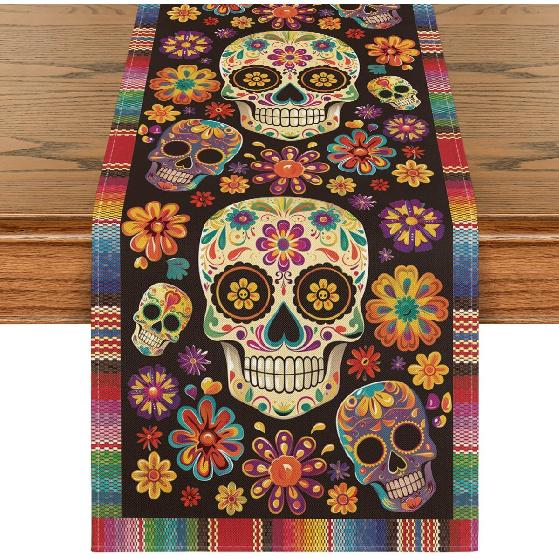 Artoid Mode Flowers Sugar Skull Mexican Day of The Dead Table Runner, Dia De Los Muertos Kitchen Dining Table Decoration for Home Party Decor 13x72