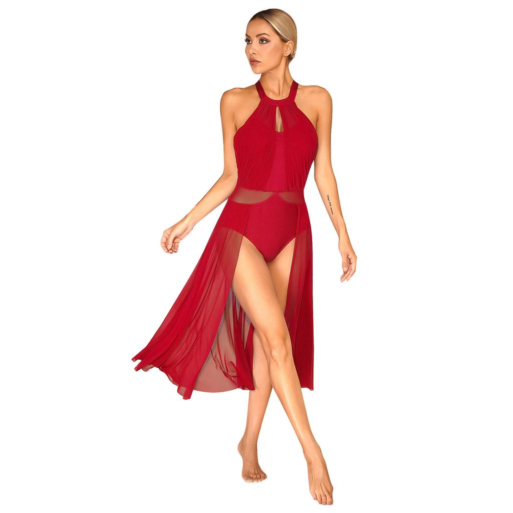 Струящееся танцевальное платье с разрезом, балетное тюлевое танцевальное боди без рукавов, асимметричное платье для катания на коньках