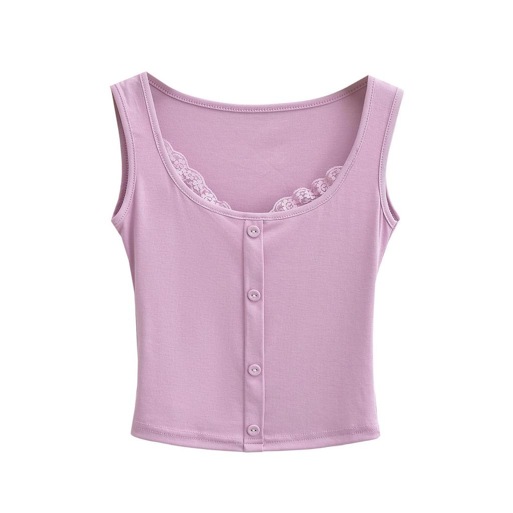 Летний кружевной кроп-топ-майка 2024 - Женский двухпредметный дизайн без рукавов с круглым вырезом