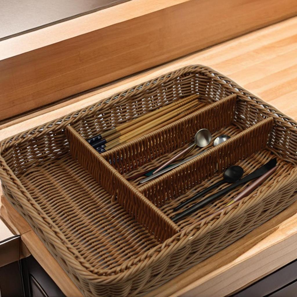 Woven Cutlery Basket Multifunctional Divided Storage Basket Serving Tray Utensil Holder for Pantry Kitchen Bathroom Shelf Forks