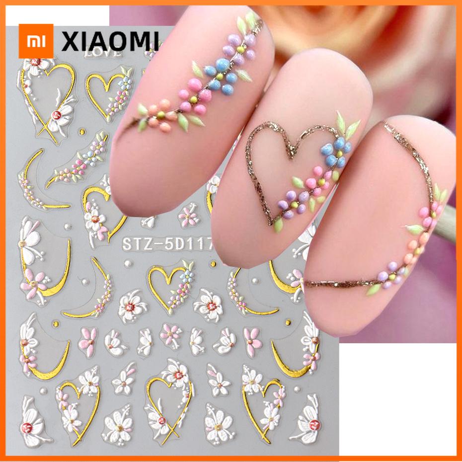 Xiaomi 5D Embossed White Floral Gold Line Sliders Spring Pink Flowers Nail Stickers DIY Simple Petals Wedding Nails Decals Accesories